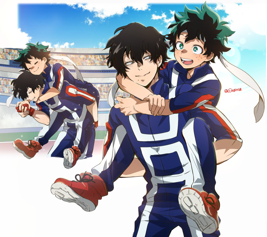 2boys bandana black_hair boku_no_hero_academia carrying green_eyes green_hair highres looking_at_another male_focus midoriya_izuku mole mole_under_eye multiple_boys otogino31 piggyback red_eyes shigaraki_tomura shoes smile sneakers stadium twitter_username u.a._gym_uniform