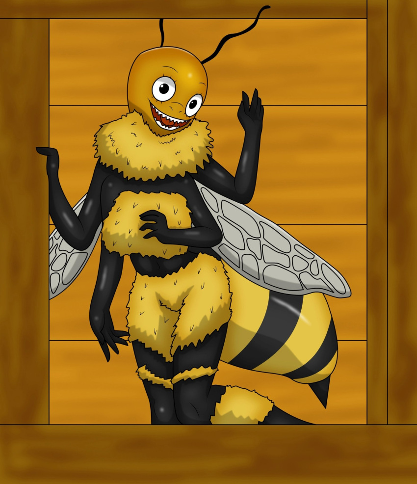 anthro arthropod bee creepy creepy_smile female hi_res humanoid hymenopteran insect looking_at_viewer magalnik sharp_teeth smile smiling_at_viewer solo teeth window wings