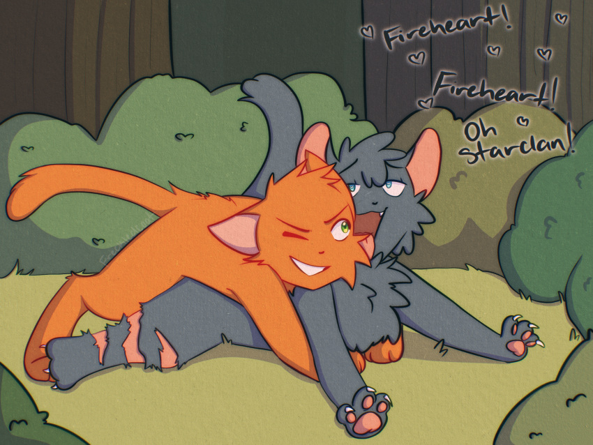 &lt;3 4:3 cinderpelt_(warriors) disability domestic_cat duo felid feline felis female feral firestar_(warriors) freckledcoat hi_res male male/female mammal one_eye_closed open_mouth scar warriors_(cats)