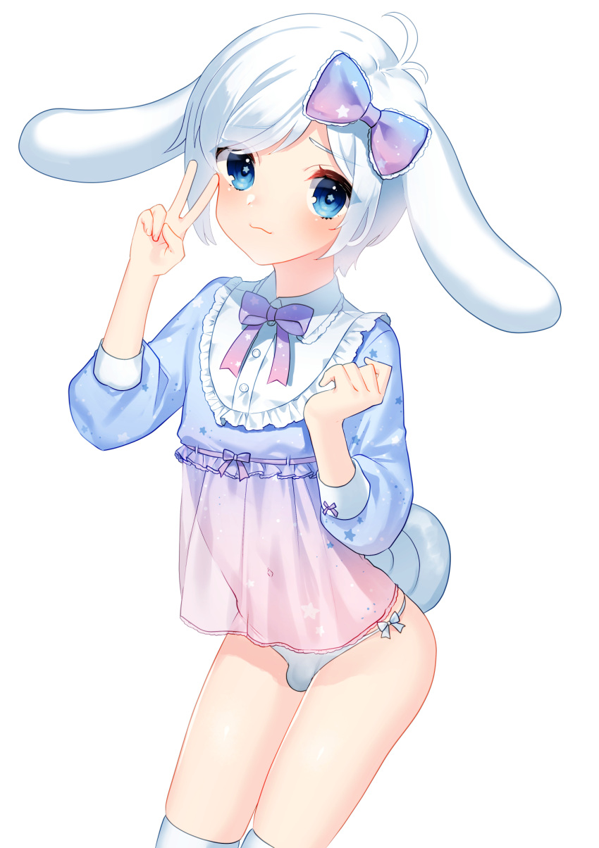 1boy akagi_kurage animal_ears blue_eyes blue_nails blue_shirt blush bow cinnamoroll clothing_request dog_boy dog_ears dog_tail hair_bow highres looking_at_viewer otoko_no_ko personification sanrio see-through shirt tail v white_hair