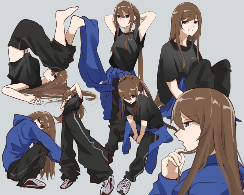 1girl air_max air_max_97 arms_behind_head asamiya_mariko barefoot black_pants black_shirt blue_eyes blue_hoodie brown_hair clothes_around_waist english_commentary floating_hair foreshortening from_below hair_behind_ear highres holding holding_hair holeecrab hood hood_down hoodie long_hair midriff_peek multiple_views nike open_mouth original pants parted_lips ponytail shirt shoes sitting smile sneakers squatting sweater sweater_around_waist upside-down very_long_hair