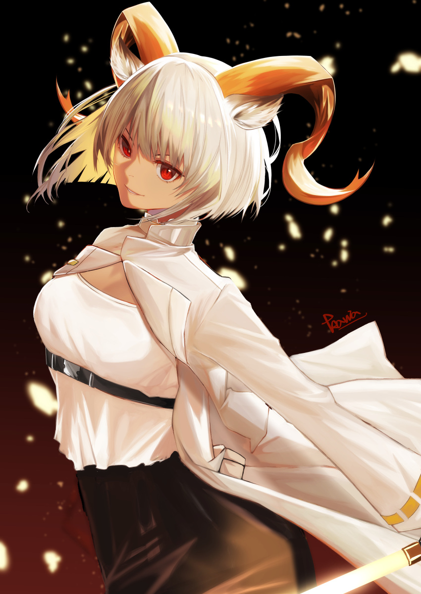 1girl absurdres animal_ears arknights black_skirt breasts carnelian_(arknights) coat cowboy_shot dark-skinned_female dark_skin goat_ears goat_girl goat_horns gradient_background highres horns kawausoman long_sleeves looking_at_viewer open_clothes open_coat red_eyes shirt short_hair signature simple_background skirt small_breasts smile solo white_coat white_hair white_shirt