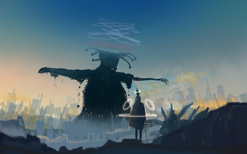 2others battle blue_sky city cityscape cloak commentary_request creature from_behind giant halo highres holding holding_staff kartikeya meeu0biss multiple_others original outdoors partial_commentary scenery short_hair sky staff standing wide_shot