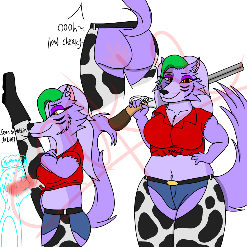 animal_print anthro big_breasts blushing_profusely breasts canid canine canis clothing cookieramwulf cow_print cowgirl_outfit female five_nights_at_freddy's five_nights_at_freddy's:_security_breach flexible hi_res looking_at_viewer mammal one_leg_up pudgy_belly raised_leg roxanne_wolf_(fnaf) scottgames slap_mark slightly_chubby solo splits spread_legs spreading standing steel_wool_studios sweating_profusely thick_thighs tight_clothing vertical_splits wolf ych_(character)