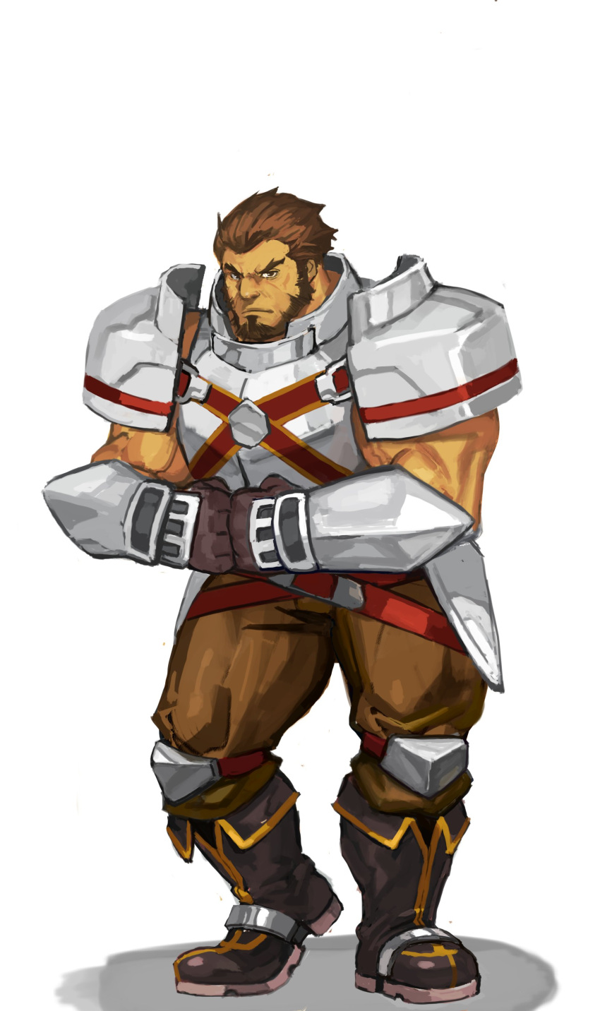 1boy absurdres armor bara beard boots breastplate brown_hair clenched_hands dark-skinned_male dark_skin facial_hair full_body gazef_stronoff hair_slicked_back highres knight looking_at_viewer male_focus mature_male muscular muscular_male overlord_(maruyama) own_hands_together sanpaku second-party_source short_hair solo standing traver009
