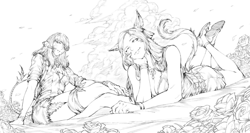 2girls animal_ears avatar_(ff14) backpack bag bandana_around_thighs breasts cat_ears cat_tail cleavage cloud commentary commission dragon_tail english_commentary facial_mark final_fantasy final_fantasy_xiv flower g_studio greyscale highres horns long_hair lying medium_breasts miqo'te monochrome multiple_girls on_stomach one_eye_closed outdoors scales shirt sitting tail whisker_markings