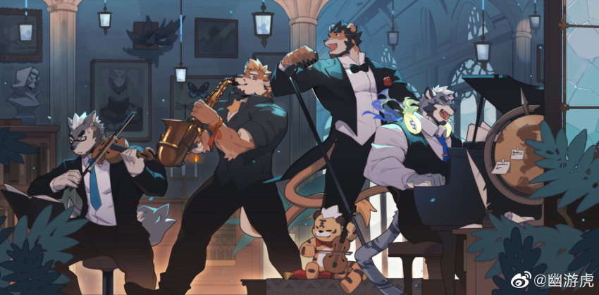 4boys alca_(wakatanka4) alca_the_lion alternate_costume animal_ears band bara beard beenic black_bow black_bowtie black_hair black_pants black_shirt black_suit bow bowtie closed_eyes collared_shirt facial_hair feet_out_of_frame fiery_headphones formal from_side frown gyee highres holding holding_instrument holding_microphone indoors instrument instrument_request large_pectorals lion_boy lion_ears lion_tail looking_at_another male_focus mature_male microphone multiple_boys muscular muscular_male music necktie original pants pectorals piano playing_instrument romg romg_the_tiger shirt short_hair sleeves_rolled_up standing suit sweatdrop tail thick_eyebrows thick_thighs thighs violin zixiong_zix zixiong_zix_(character)