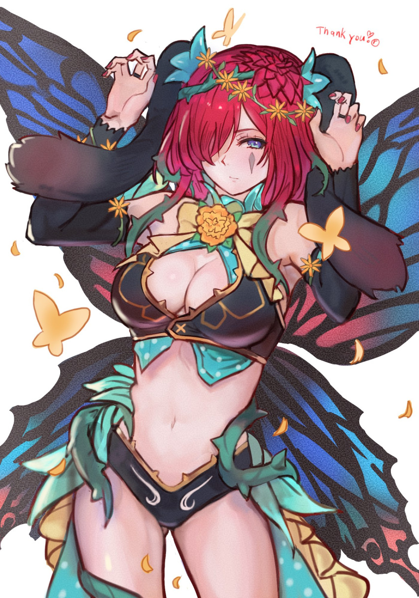 1girl animal_ears bare_shoulders breasts bug butterfly cleavage commission cowboy_shot detached_sleeves facial_mark fairy_wings fire_emblem fire_emblem_heroes flower hair_flower hair_ornament hair_over_one_eye highres looking_at_viewer navel official_alternate_costume petals plant purple_eyes r123 rabbit_ears rabbit_pose red_hair skeb_commission solo thank_you thorns triandra_(fire_emblem) triandra_(spring)_(fire_emblem) vines white_background wings