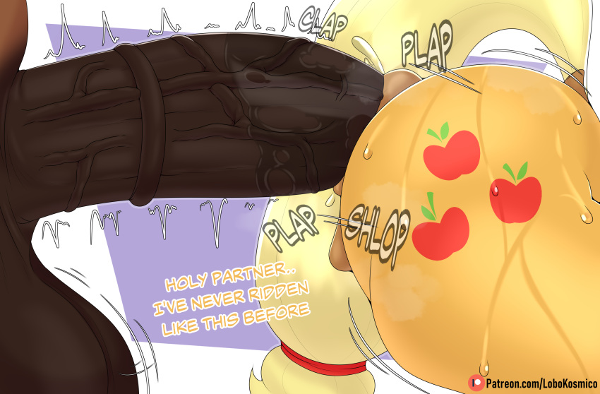 absurd_res anal anal_penetration anthro anthro_on_anthro applejack_(mlp) balls big_butt blonde_hair bodily_fluids brown_body brown_fur bubble_butt butt curvy_figure cutie_mark dialogue digital_drawing_(artwork) digital_media_(artwork) duo earth_pony english_text equid equine erection female female_penetrated friendship_is_magic fur genital_fluids genitals hair hasbro hi_res horse huge_butt kane_(lobokosmico) lobokosmico male male/female male_penetrating male_penetrating_female mammal motion_lines muscular muscular_male my_little_pony nude patreon penetration penile penis pony pussy sex side_view simple_background tail text thick_thighs url wide_hips