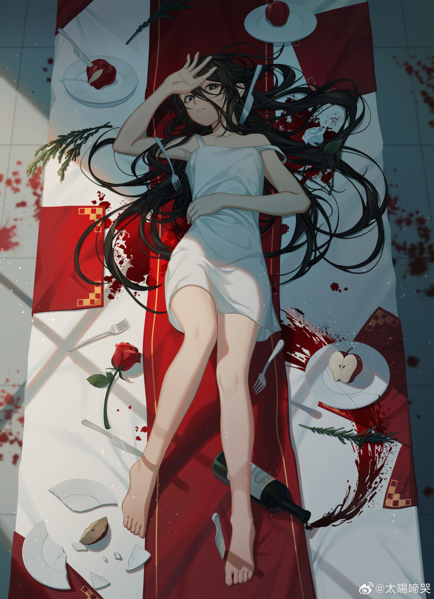 1girl absurdres alcohol apple bare_legs barefoot black_eyes black_hair bottle breasts broken_plate commentary dress english_commentary erchongbaojun fake_blood feet flower food fork fruit full_body hair_between_eyes hand_on_own_forehead hand_on_own_stomach highres knife legs long_hair looking_at_viewer lying on_back on_table original parted_lips plate red_flower rose sleeveless sleeveless_dress small_breasts solo spaghetti_strap spilling splatter stain strap_slip table teeth toenails toes very_long_hair weibo_logo weibo_username white_dress white_flower wine wine_bottle