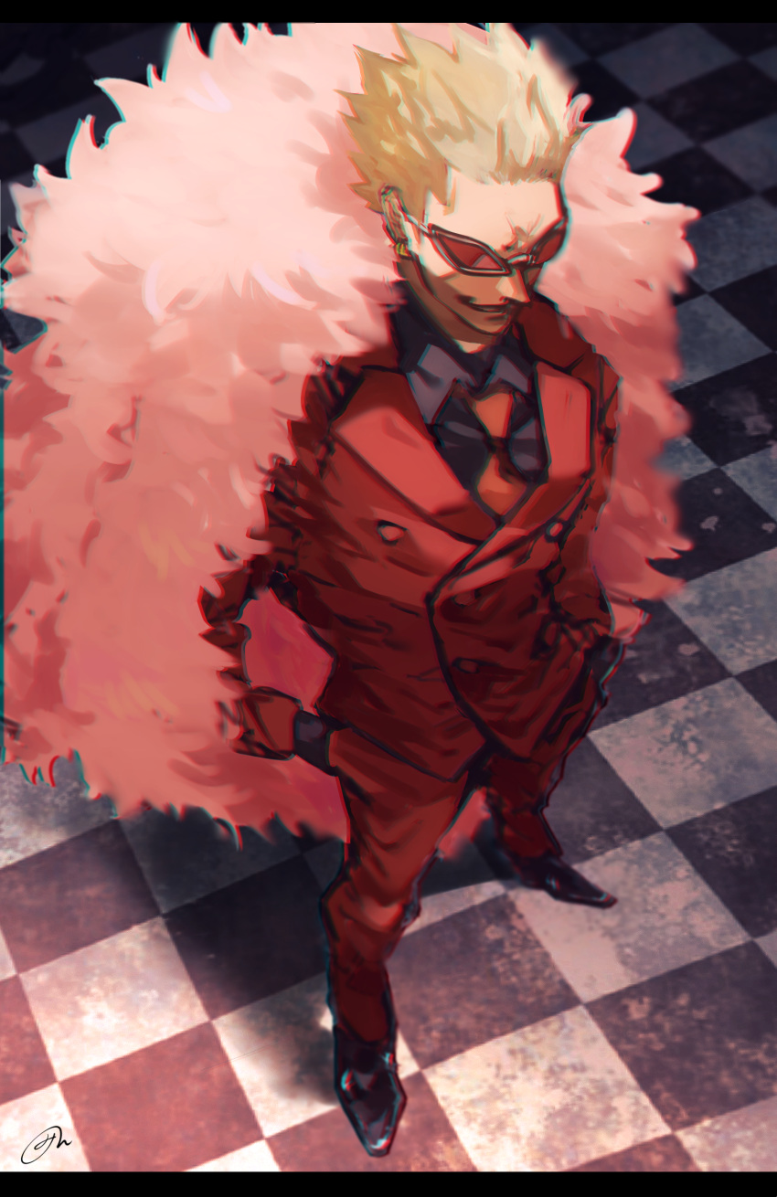 1boy absurdres black_footwear black_shirt blonde_hair checkered_floor chromatic_aberration collared_shirt donquixote_doflamingo earrings feather_boa from_above full_body gold_earrings grin hand_in_pocket highres jacket jewelry long_sleeves male_focus mirin_(coene65) necktie one_piece red-tinted_eyewear red_jacket red_necktie shirt short_hair signature smile spiked_hair tinted_eyewear white-framed_eyewear