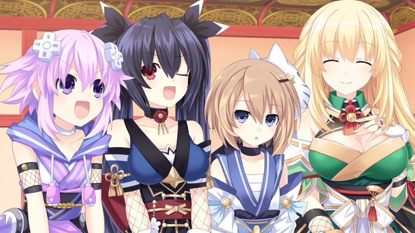 4girls bare_shoulders black_hair blanc_(neptune_series) blonde_hair blue_eyes blush breasts brown_hair cleavage d-pad d-pad_hair_ornament dress fingerless_gloves fishnets flat_chest game_cg gloves hair_between_eyes hair_ornament hair_ribbon highres japanese_clothes long_hair looking_at_viewer mask mask_on_head medium_breasts multiple_girls navel neptune_(neptune_series) neptune_(series) ninja noire_(neptune_series) official_art open_mouth purple_eyes purple_hair red_eyes ribbon sarashi sash senran_nin_nin_ninja_taisen_neptune:_shoujo-tachi_no_kyouen short_hair small_breasts smile tsunako twintails vert_(neptune_series) white_gloves