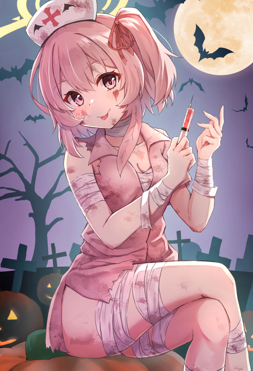 1girl animal ass bandaged_arm bandaged_chest bandaged_leg bandages bat_(animal) blue_archive blush breasts cleavage closed_mouth collarbone dress full_body graveyard hair_between_eyes hair_ribbon halloween halloween_costume halo hat highres holding holding_syringe jack-o'-lantern looking_at_viewer matsu520 nurse_cap one_side_up pink_dress pink_eyes pink_hair red_ribbon revision ribbon serina_(blue_archive) short_hair short_sleeves smile solo syringe tombstone tongue tongue_out white_headwear yellow_halo