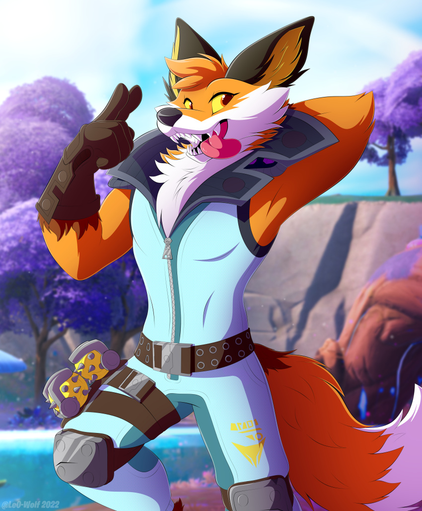 2022 absurd_res anthro brown_body brown_fur canid canine clothed clothing cloud day digital_media_(artwork) epic_games fennix_(fortnite) fortnite fox fully_clothed fur gesture gloves grass handwear hi_res leo-wolf male mammal open_mouth open_smile orange_body orange_eyes orange_fur outside plant pose red_fox sharp_teeth sky smile solo teeth tongue tongue_out tree v_sign white_body white_fur yellow_sclera