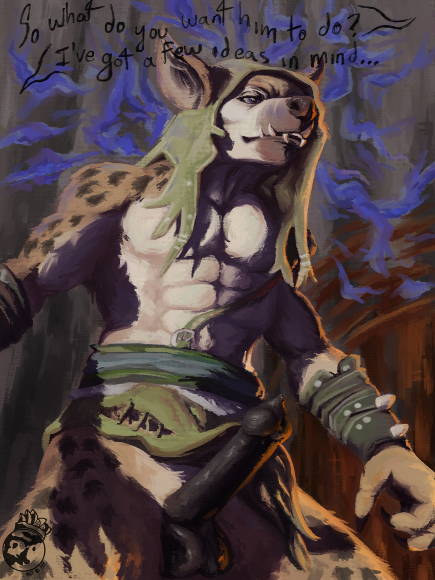 angry anthro baldur's_gate baldur's_gate_3 barnabus_(baldur's_gate_3) bottomwear bottomwear_aside clothing clothing_aside digital_media_(artwork) digital_painting_(artwork) erection genitals gnoll hi_res hyena loincloth loincloth_aside male mammal mind_control painterly penis questionable_consent solo solo_focus speech_bubble sydney_onmars tribal_clothing