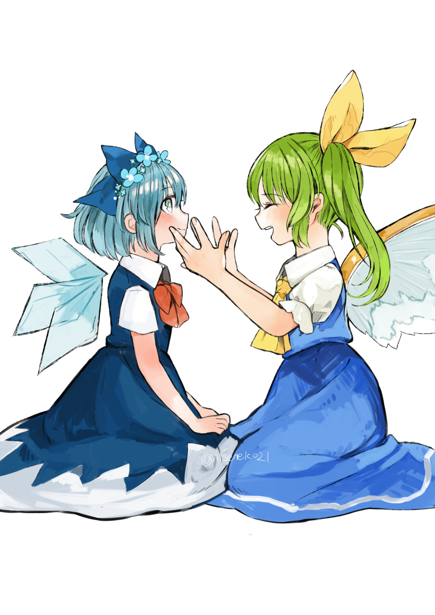 2girls absurdres ascot blue_bow blue_dress blue_eyes blue_flower blue_hair blue_skirt blue_vest blush bow cirno closed_eyes collared_shirt daiyousei detached_wings dress fairy fairy_wings flower green_hair hair_bow highres ice ice_wings long_hair multiple_girls niseneko_(mofumofu_ga_ienai) open_mouth puffy_short_sleeves puffy_sleeves shirt short_hair short_sleeves side_ponytail simple_background skirt smile touhou twitter_username vest white_background white_shirt wings yellow_ascot