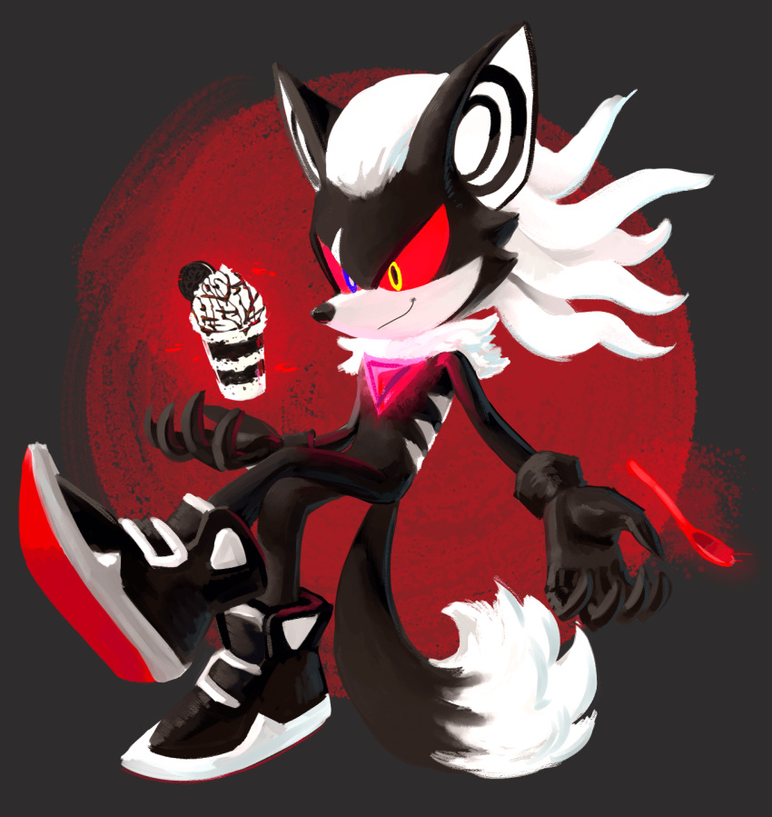 1boy black_footwear black_gloves blue_eyes colored_sclera food full_body furry furry_male gloves heterochromia highres ice_cream infinite_(sonic) knockabiller male_focus oreo red_sclera smile solo sonic_(series) sonic_forces sundae tail yellow_eyes