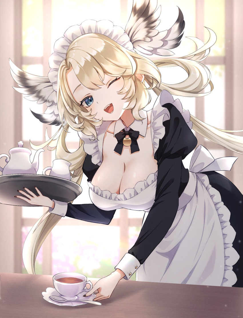 1girl alternate_costume apron black_bow black_bowtie black_dress blonde_hair blue_eyes bow bowtie breasts cleavage collar cup detached_collar dress eien_project enmaided frilled_apron frills head_wings highres holding holding_saucer holding_tray large_breasts long_hair maid maid_apron maid_headdress one_eye_closed open_mouth saucer second-party_source skye_shinryu solo table tea teacup teapot tray uni_(maru231) white_apron white_collar wings