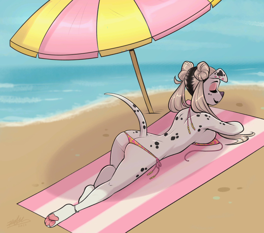 anthro beach bikini bikini_top black_spots blonde_highlights breasts brown_hair butt cadaverrdog canid canine canis clothed clothing dalmatian daphne_(cadaverrdog) domestic_dog ear_piercing eyes_closed female fur hair hi_res highlights_(coloring) lips lying lying_on_ground mammal markings on_front pawpads paws piercing pigtails pink_pawpads seaside side_boob solo spots spotted_body spotted_fur spotted_markings sunbathing swimwear thick_bottom_lip topless topless_anthro topless_female white_body white_fur