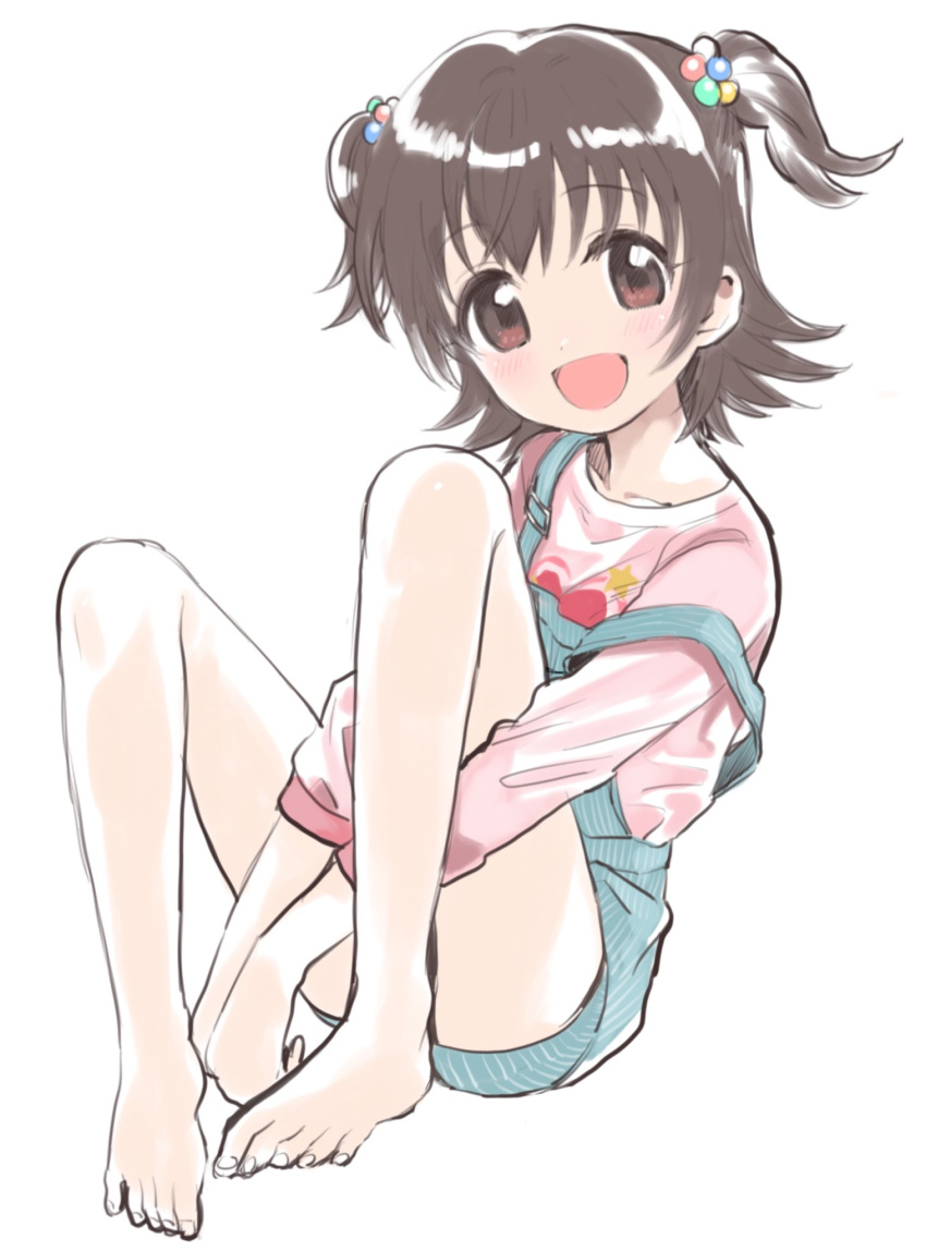 1girl akagi_miria amezawa_koma bare_legs barefoot blush brown_eyes brown_hair full_body hair_bobbles hair_ornament highres idolmaster idolmaster_cinderella_girls looking_at_viewer open_mouth overall_shorts overalls pink_shirt shirt short_hair simple_background sketch smile solo strap_slip toes two_side_up white_background