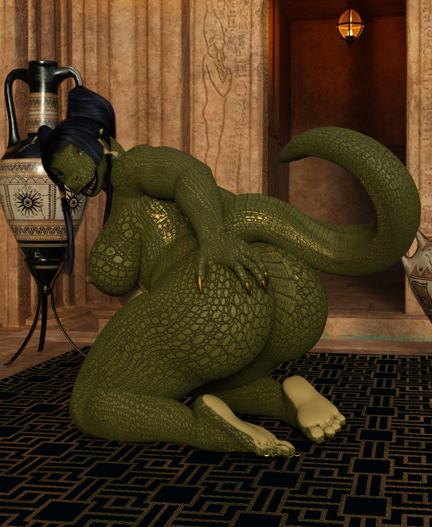 absurd_res anthro bbdworks big_butt butt colored_nails crocodilian daz3d feet female gold_tattoo hi_res lamp lipstick makeup nails overweight reptile scalie solo vase