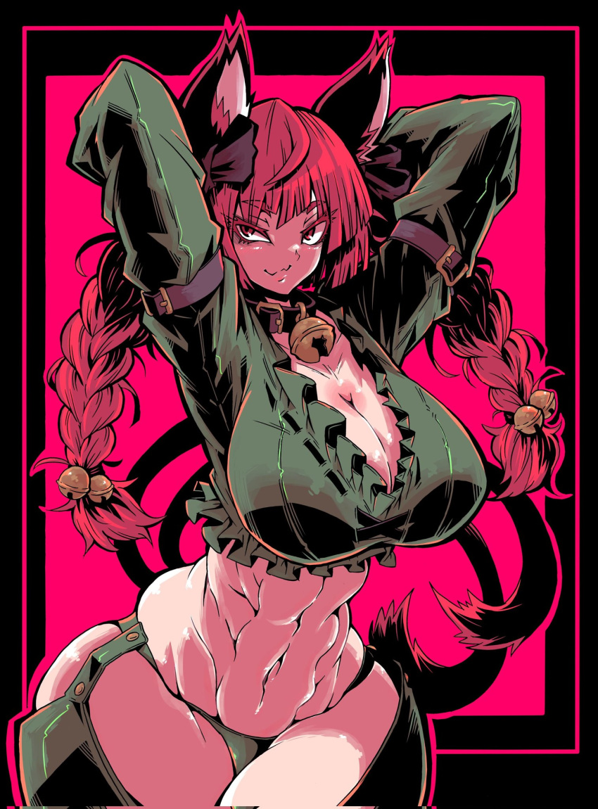1girl abs animal_ears arm_behind_head bell black_border border braid breasts cat_ears cat_tail cleavage closed_mouth commentary_request commission cowboy_shot crop_top green_shirt highres kaenbyou_rin large_breasts long_hair long_sleeves looking_at_viewer multiple_sources multiple_tails navel neck_bell nehitsuji_(syatihokoga) red_background red_eyes red_hair shirt skeb_commission solo tail touhou twin_braids two_tails