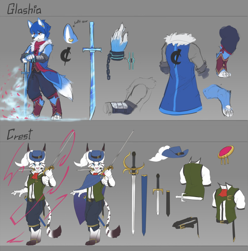 anthro blue_body blue_bottomwear blue_cape blue_clothing blue_coat blue_eyes blue_fur blue_hair blue_hat blue_headwear blue_pants blue_topwear bottomwear canid clothed clothing coat dagger dagger_in_mouth digitigrade ear_piercing ear_ring felid fur glistening glistening_eyes gradient_cape green_clothing green_topwear grey_background hair hat headgear headwear hi_res holding_object holding_sword holding_weapon kuttoyaki male mammal markings melee_weapon model_sheet mouth_closed multiple_images pants piercing purple_cape red_eyes red_scarf ring_piercing scarf simple_background solo striped_markings striped_tail stripes sword tail tail_markings topwear weapon wearing_hat white_body white_clothing white_fur white_topwear