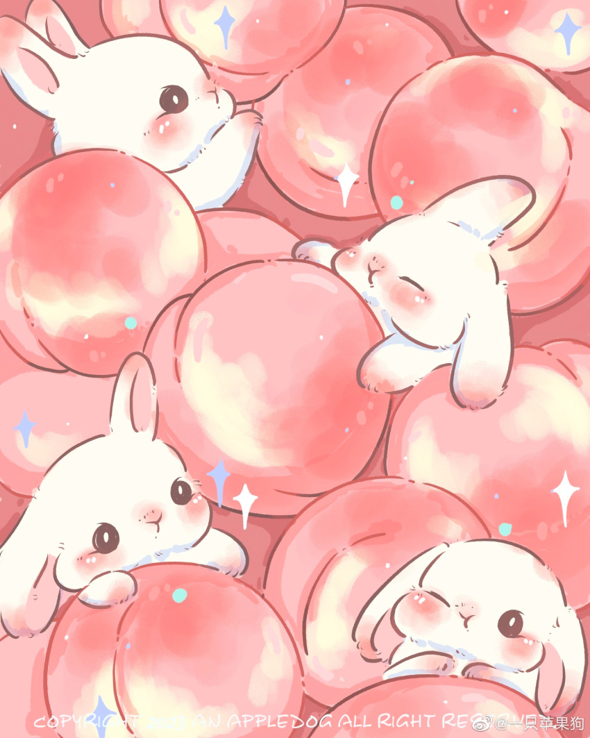 2023 animal_focus appledog artist_name black_eyes blush chinese_commentary closed_eyes commentary_request english_text floppy_ears food fruit highres light_blush no_humans nose_blush one_eye_closed original peach rabbit sparkle upper_body weibo_logo weibo_username white_rabbit_(animal)