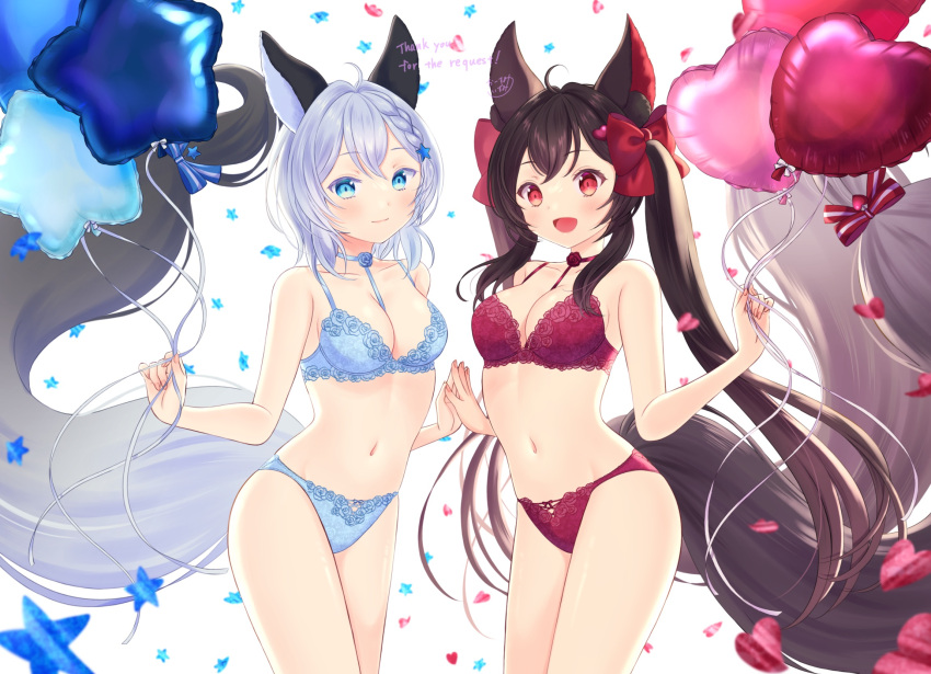 2girls animal_ears artist_name balloon between_breasts black_hair blue_bra blue_eyes blue_panties bow bra braid breasts cleavage closed_mouth commentary commission confetti english_commentary english_text fox_ears fox_girl fox_tail grey_hair hair_bow highres holding holding_balloon lingerie long_hair looking_at_viewer medium_breasts mixed-language_commentary multiple_girls navel open_mouth original osumi_izumi palms_together panties red_bow red_bra red_eyes red_panties short_hair sidelocks signature skeb_commission smile standing tail twintails underwear underwear_only