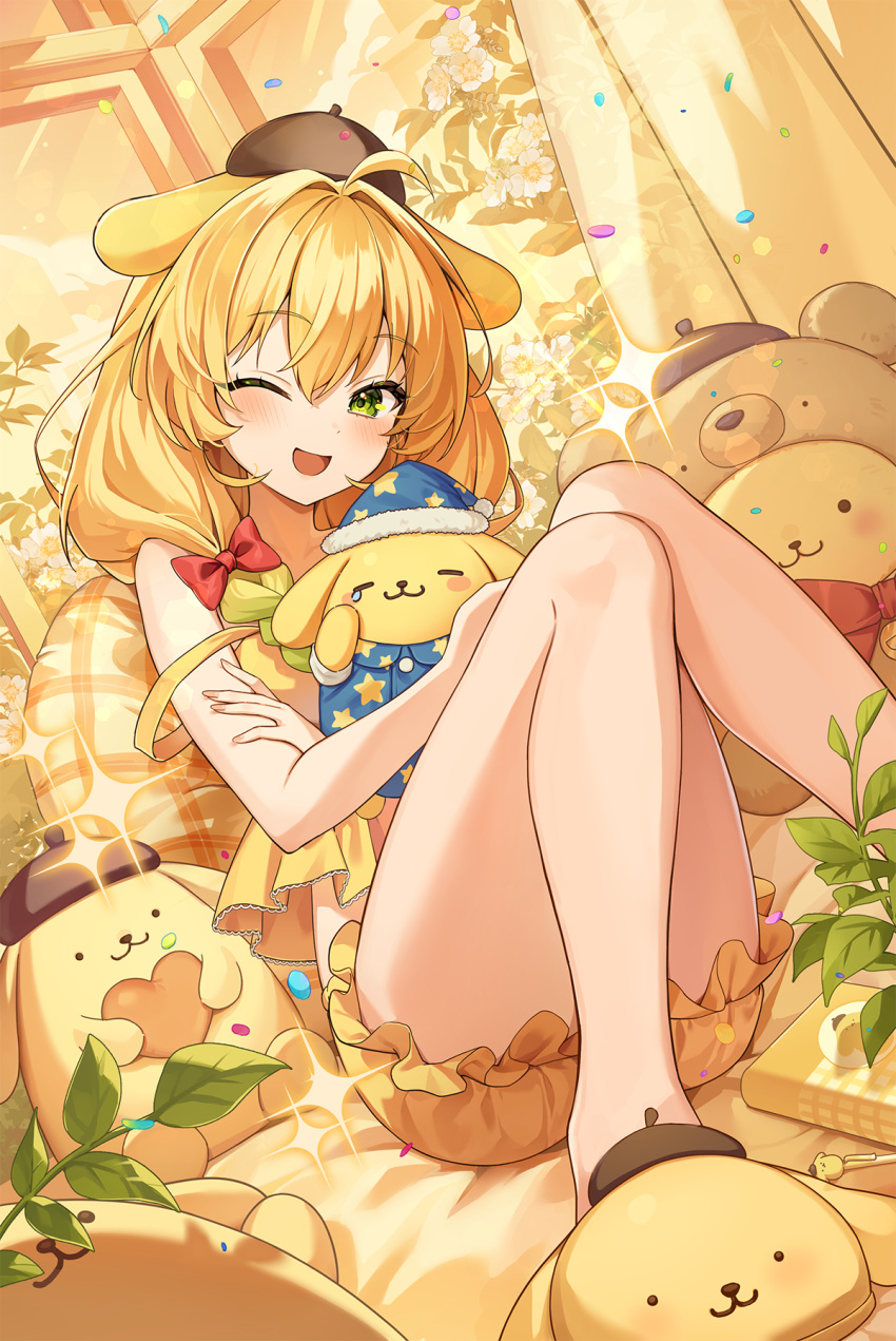 1girl ;d ahoge animal_ears bare_legs blonde_hair blush bow braid camisole character_doll dog_ears dog_slippers hair_bow hair_intakes heart highres hug indoors knees_together_feet_apart knees_up looking_at_viewer one_eye_closed original pine_(angel4195202) pompompurin sanrio smile sparkle star_(symbol) star_print twin_braids yellow_bloomers yellow_camisole yellow_theme