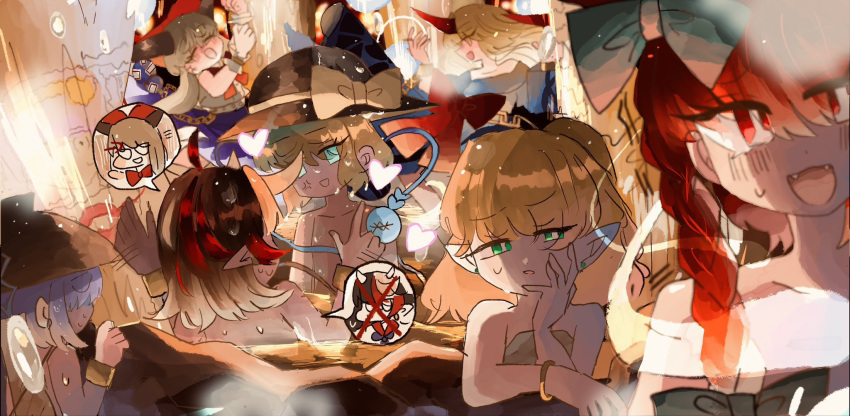 6+girls anger_vein bath bathing black_bow black_hair black_headwear blonde_hair blush bow bowl bowl_hat brown_horns chain closed_eyes commentary_request earrings eyeball fangs flat_chest green_bow green_eyes hair_bow hair_ornament hairband hat hat_bow heart heart_hair_ornament highres horns hoshiguma_yuugi ibuki_suika ix6_vo jewelry kaenbyou_rin kijin_seija komeiji_koishi komeiji_satori looking_at_another looking_at_viewer medium_hair mizuhashi_parsee multicolored_hair multiple_girls onsen open_mouth pointy_ears purple_skirt red_eyes red_hair red_horns shirt short_hair short_ponytail single_horn skirt smile steam streaked_hair stud_earrings sukuna_shinmyoumaru third_eye touhou upper_body water white_hair white_shirt yellow_hairband