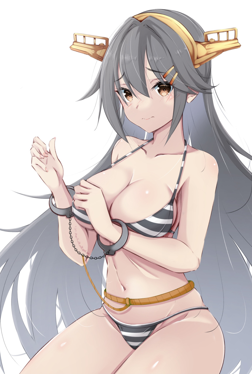 1girl absurdres bikini breasts brown_eyes cleavage commentary_request commission cuffs grey_hair hair_ornament hairband hairclip handcuffs haruna_(kancolle) highres honma_(honmatomohiro) kantai_collection large_breasts long_hair looking_at_viewer saliva simple_background skeb_commission solo striped striped_bikini swimsuit white_background
