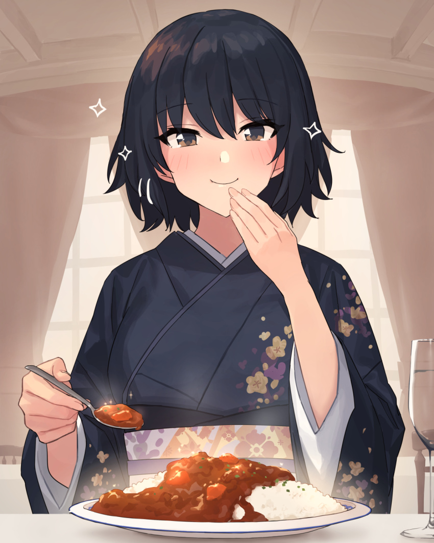 1girl bad_link black_hair black_kimono blush brown_eyes chorefuji closed_mouth commentary_request cup curry curtains drinking_glass eating floral_print food hand_up highres holding holding_spoon indoors japanese_clothes kimono looking_at_viewer original plate rice sash smile solo sparkle spoon table upper_body window wine_glass