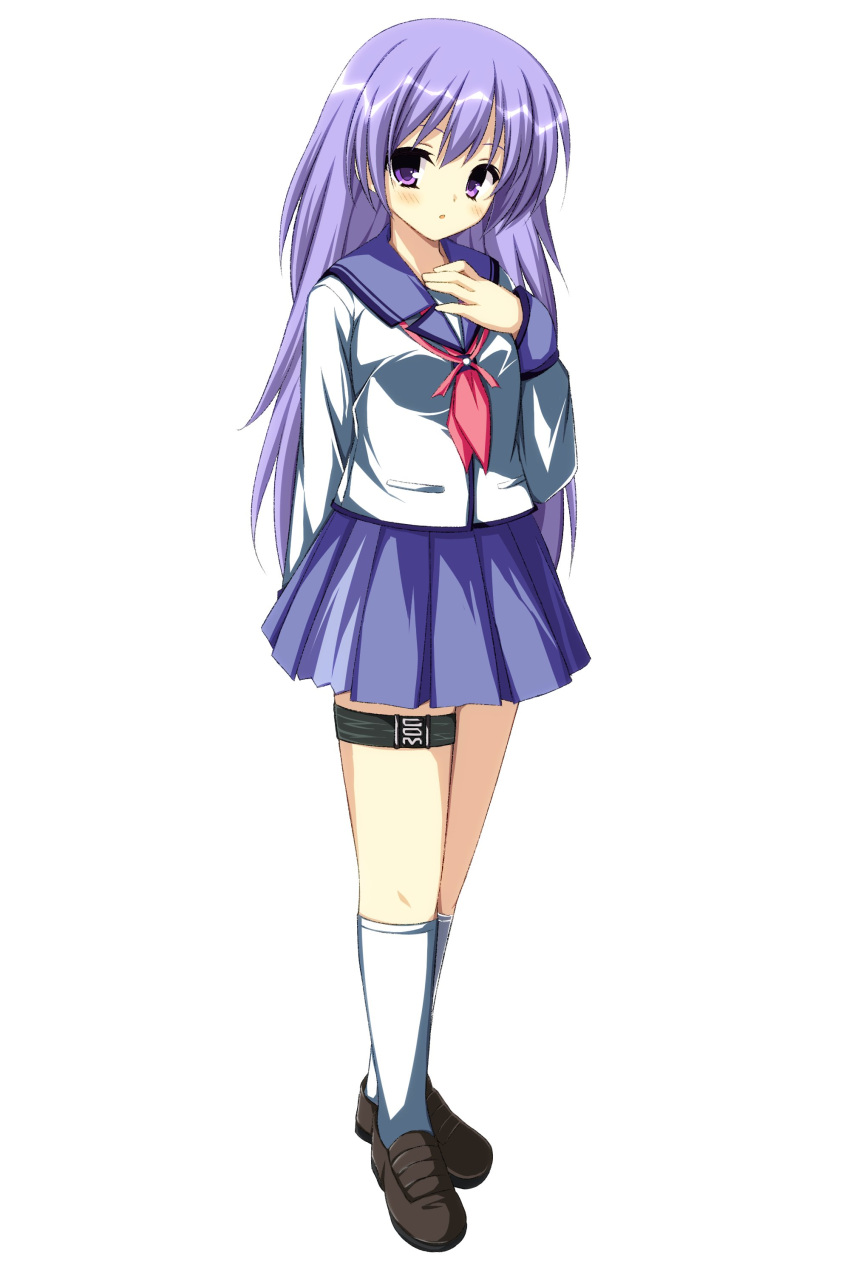 1girl absurdres angel_beats! arm_behind_back asagi_nanami blue_sailor_collar blue_skirt blush breasts brown_footwear commentary_request eyebrows_hidden_by_hair eyelashes full_body hair_between_eyes hand_up highres irie_miyuki kneehighs loafers long_hair long_sleeves looking_at_viewer miniskirt neckerchief parted_lips pink_neckerchief pleated_skirt purple_hair sailor_collar shinda_sekai_sensen_uniform shirt shoes simple_background skirt small_breasts socks solo spiked_hair standing thigh_strap very_long_hair white_background white_shirt white_socks