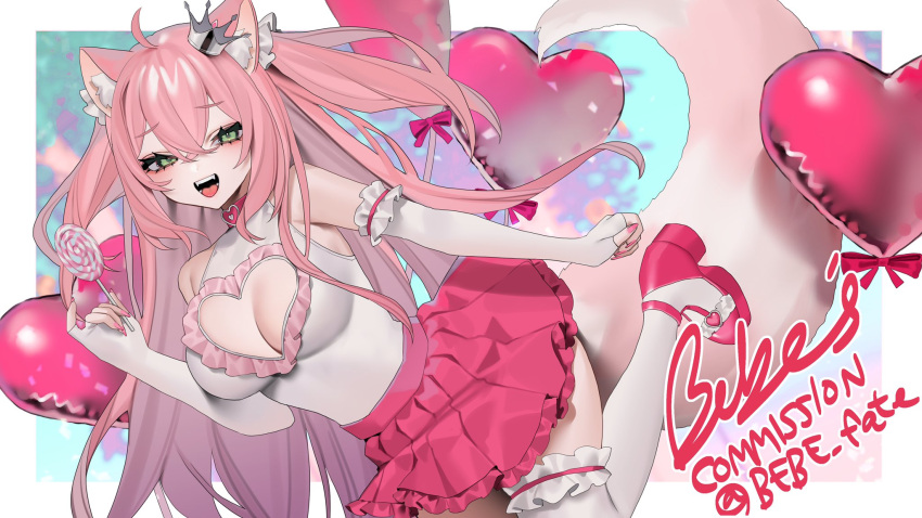 1girl ahoge animal_ears balloon bebe_(bebe_pp) breasts bridal_gauntlets candy choker cleavage cropped_legs crown double-parted_bangs eyeshadow fangs food fox_ears fox_girl fox_tail green_eyes heart heart_balloon heart_choker highres holding holding_candy holding_food holding_lollipop large_breasts lollipop long_hair looking_at_viewer makeup original pink_choker pink_eyeshadow pink_footwear pink_hair pink_nails pink_skirt pleated_skirt sidelocks signature simple_background skirt tail thighhighs very_long_hair white_bridal_gauntlets white_thighhighs