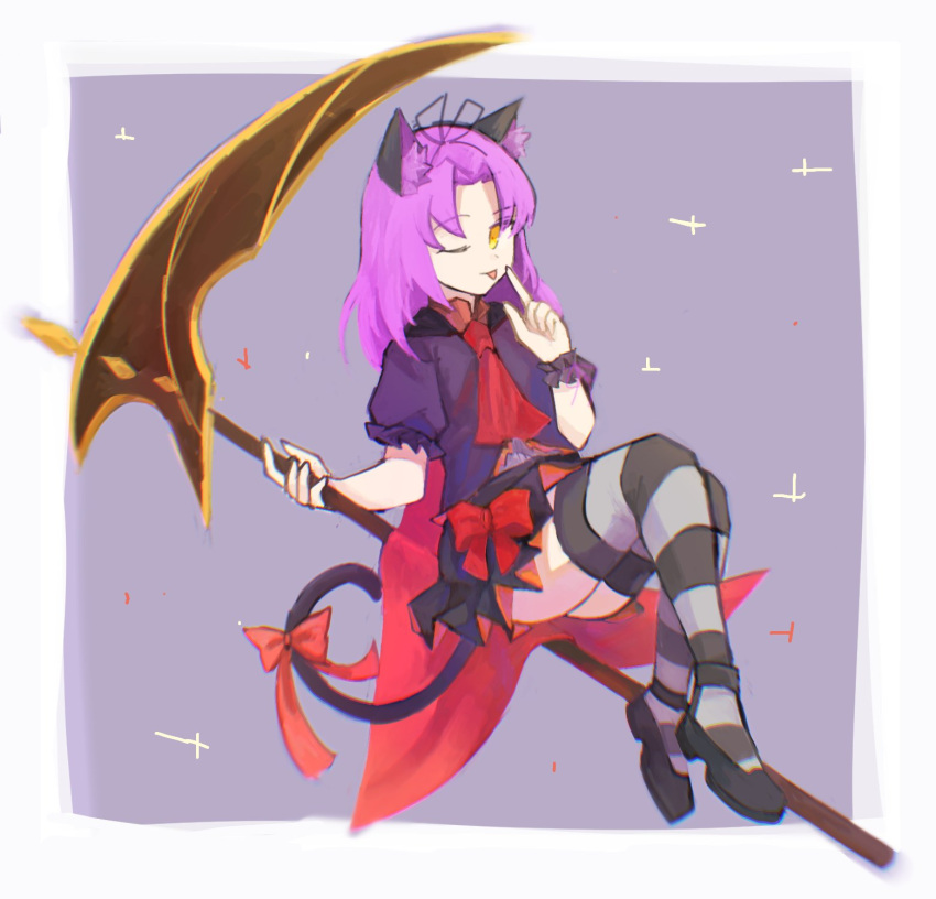 1girl animal_ears bow cat_ears cat_tail curtained_hair eiyuu_densetsu fake_animal_ears fake_tail full_body highres holding holding_scythe holding_weapon huge_weapon long_hair looking_at_viewer necktie one_eye_closed purple_hair rai_5555_ruuri renne_(eiyuu_densetsu) scythe simple_background skirt smile sora_no_kiseki tail tail_bow tail_ornament thighhighs tongue tongue_out weapon yellow_eyes