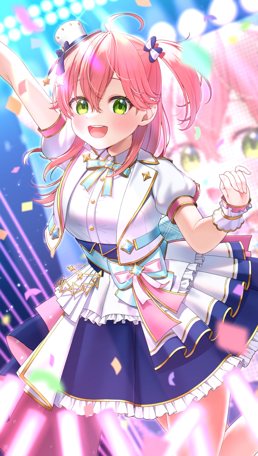 1girl :d ahoge arm_up blue_skirt blush bow confetti cropped_jacket frilled_skirt frills glowstick green_eyes hair_between_eyes hair_bow hat highres hololive jacket long_hair mini_hat one_side_up open_clothes open_jacket pink_hair puffy_short_sleeves puffy_sleeves sakura_miko short_sleeves skirt smile solo stage_lights tomozu virtual_youtuber white_jacket wrist_cuffs