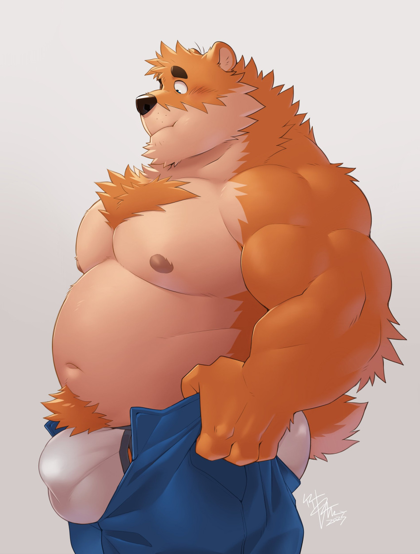 2023 4_fingers absurd_res anthro arm_tuft belly big_pecs black_nose blue_bottomwear blue_clothing blue_pants blush body_hair bottomwear bulge canid canine canis chest_tuft clothed clothing colored countershade_face countershade_torso countershading detailed_bulge domestic_dog elbow_tuft fingers fur happy_trail hi_res kumamoto_(character) male mammal meme meme_clothing multicolored_body multicolored_fur musclegut muscular muscular_anthro muscular_male navel neck_tuft nipples overweight overweight_anthro overweight_male pants pecs pink_nipples side_view signature simple_background solo takemoto_arashi tan_body tan_countershading tan_fur tight_pants_(meme) topless topless_male tuft two_tone_body two_tone_fur underwear white_background white_clothing white_underwear