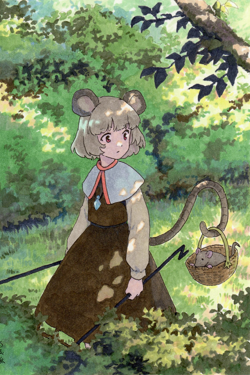 1girl animal animal_ears basket black_dress blue_capelet blunt_bangs bush capelet closed_mouth dappled_sunlight day dowsing_rod dress dual_wielding grass grey_hair highres holding holding_with_tail jewelry long_sleeves looking_at_animal looking_to_the_side marker_(medium) mouse mouse_ears mouse_girl mouse_tail nature nazrin outdoors pendant prehensile_tail red_eyes shiratama_(hockey) shirt short_hair solo sunlight tail touhou traditional_media white_shirt