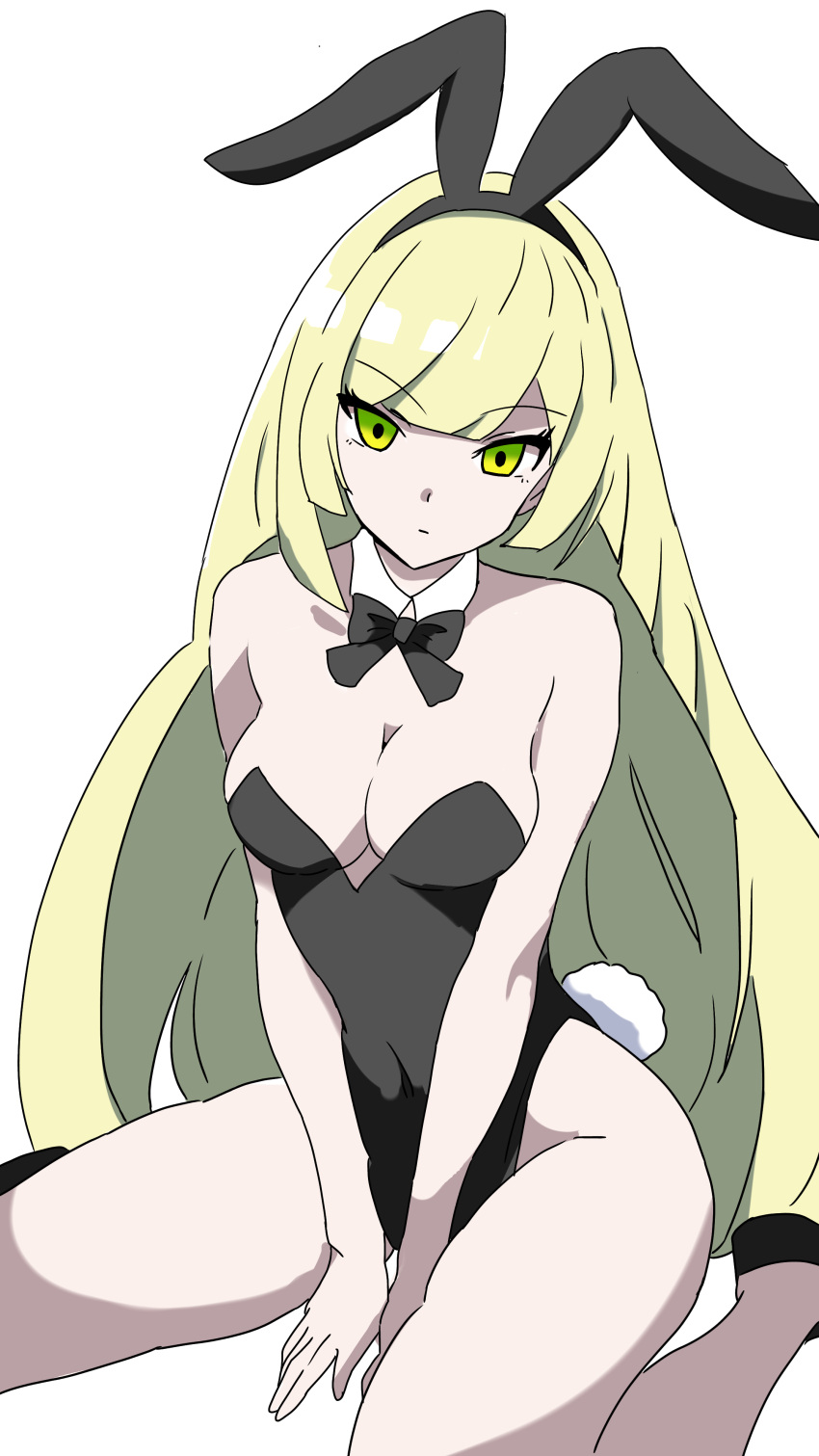 1girl absurdres alternate_costume animal_ears bare_arms black_footwear blonde_hair blunt_bangs breasts cleavage closed_mouth detached_collar eyelashes fake_animal_ears fake_tail green_eyes hairband highres leotard long_hair lusamine_(pokemon) mature_female own_hands_together playboy_bunny pokemon pokemon_(game) pokemon_sm rabbit_ears rabbit_tail shoes sitting solo tail white_background yunirosu