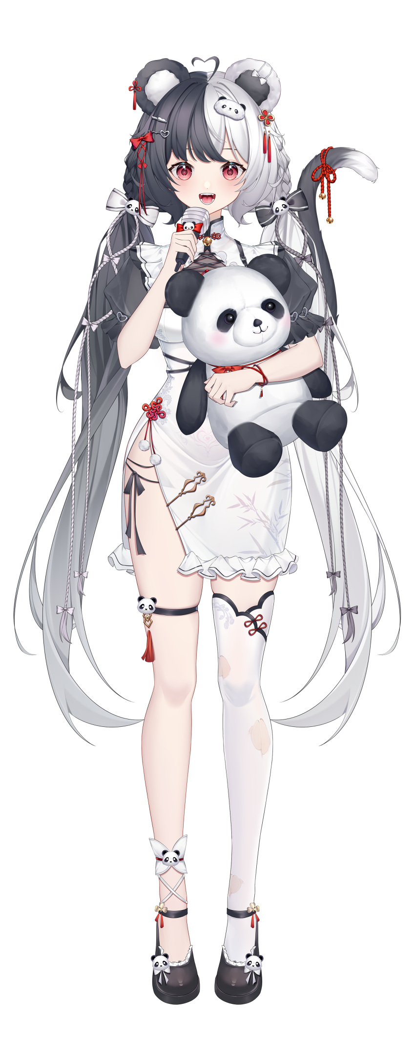 1girl :d absurdres animal_ears anklet bamboo_print bare_arms bell black_bow black_footwear black_hair black_sleeves bow bracelet braid breasts cat_tail china_dress chinese_clothes chinese_knot dress fangs frilled_dress frills full_body gradient_hair hair_bow hair_ornament hairclip hand_up highres holding holding_microphone holding_stuffed_toy jewelry long_hair low_twintails microphone multicolored_hair music neck_bell neve_(vtuber) official_art panda_ears panda_girl panda_hair_ornament panda_ornament panties panty_straps puffy_short_sleeves puffy_sleeves red_bow red_eyes red_ribbon ribbon see-through see-through_sleeves short_dress short_sleeves side-tie_panties side_braids side_slit singing single_ankle_cuff single_thighhigh smile solo split-color_hair standing stardust_project stuffed_animal stuffed_panda stuffed_toy tachi-e tail tail_bell tail_ornament tail_rope tassel teeth thigh_strap thighhighs torn_clothes torn_thighhighs transparent_background twintails underwear very_long_hair virtual_youtuber wenk white_bow white_dress white_hair white_thighhighs zettai_ryouiki