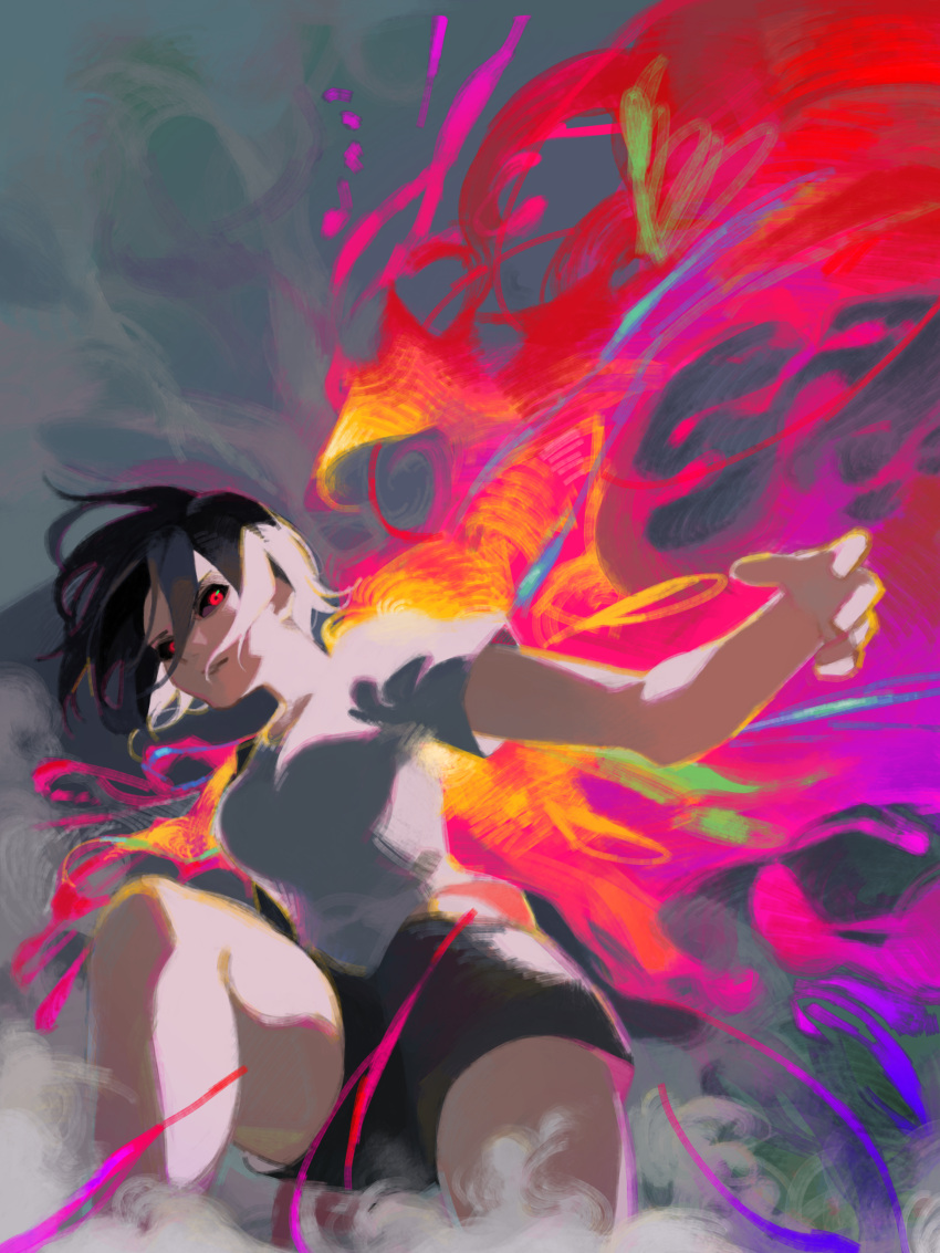 1girl absurdres black_hair black_sclera black_shorts breasts colored_sclera commentary_request floating_hair grey_shirt hair_between_eyes highres kagune_(tokyo_ghoul) kirishima_touka looking_at_viewer medium_breasts nmnkymd red_eyes shirt short_hair short_sleeves shorts solo tokyo_ghoul