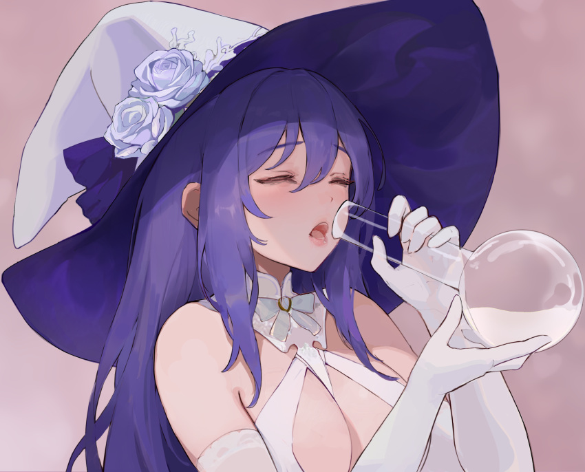 1girl bare_shoulders blue_hair breasts center_opening chowbie closed_eyes elbow_gloves flask gloves highres large_breasts large_hat leotard long_hair open_mouth pink_background round-bottom_flask solo wedding_witch wedding_witch_(character) white_gloves white_headwear white_leotard