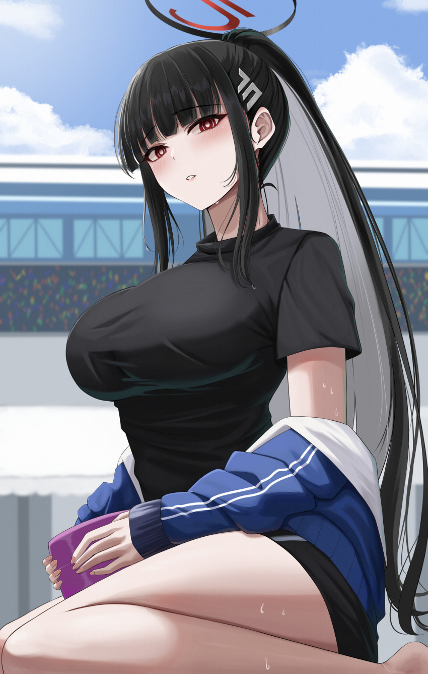 1girl absurdres barefoot black_hair black_shirt blue_archive blue_jacket blush breasts bright_pupils commentary_request day halo highres holding jacket kneeling large_breasts long_hair long_sleeves looking_at_viewer outdoors parted_lips ponytail red_eyes rio_(blue_archive) shirt short_sleeves sidelocks solo sweat thighs white_pupils yamikyon