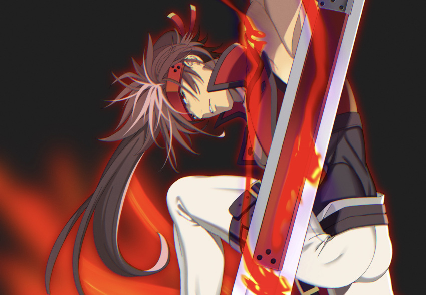 1boy ark1478 brown_hair fireseal forehead_protector guilty_gear guilty_gear_xx headband highres long_hair looking_at_viewer male_focus muscular muscular_male ponytail red_eyes simple_background sol_badguy spiked_hair