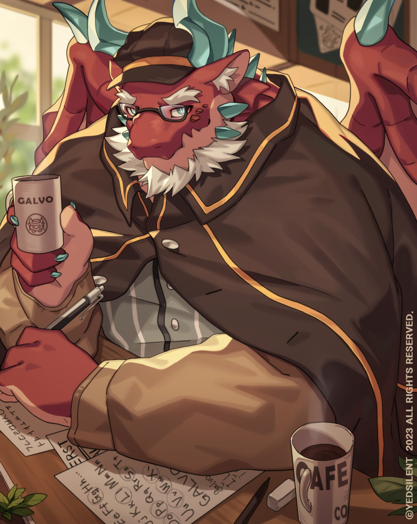 absurd_res anthro beard beverage clothing coffee dragon eyebrows facial_hair galvo hair hat headgear headwear hi_res lifewonders live_a_hero male mature_male red_body solo thick_eyebrows white_hair wings yed