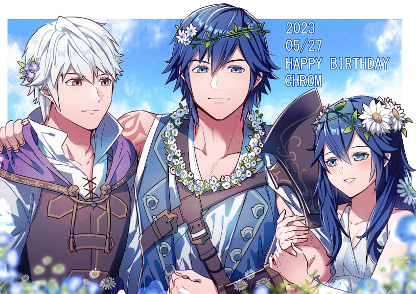 1girl 2boys ameno_(a_meno0) arm_tattoo bare_shoulders blue_eyes blue_sky blue_vest blush brown_eyes cape character_name chrom_(fire_emblem) chrom_(valentine)_(fire_emblem) cloud collarbone collared_shirt dated dress father_and_daughter fire_emblem fire_emblem_awakening fire_emblem_heroes flower hair_flower hair_ornament hand_on_another's_shoulder happy_birthday head_wreath height_difference long_hair looking_at_another looking_at_viewer lucina_(fire_emblem) lucina_(valentine)_(fire_emblem) multiple_boys muscular muscular_male official_alternate_costume purple_cape robin_(fire_emblem) robin_(male)_(fire_emblem) robin_(male)_(valentine)_(fire_emblem) shirt short_hair sky sleeveless sleeveless_dress sleeveless_shirt smile tattoo vest white_dress white_flower white_hair white_shirt