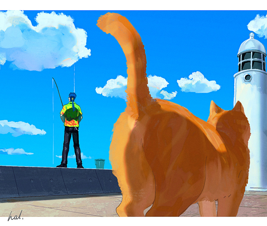 1boy black_pants blue_hair bucket cat cloud cu_chulainn_(fate) facing_away fate_(series) fishing fishing_rod green_shirt hal_(haaaalhal) hawaiian_shirt holding holding_fishing_rod lighthouse long_hair orange_cat outdoors pants ponytail shirt short_sleeves signature