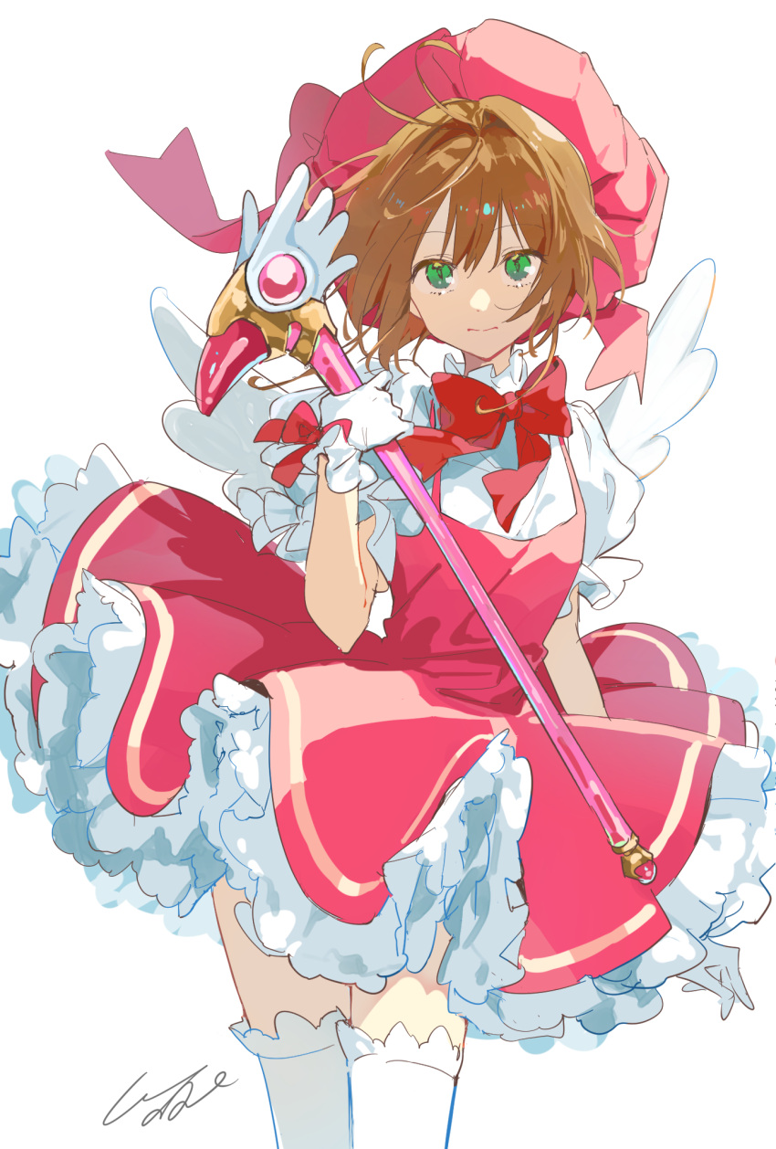 1girl bow cardcaptor_sakura dress fuuin_no_tsue gloves hat highres holding holding_wand kinomoto_sakura pomu red_bow red_dress red_headwear signature solo thighhighs wand white_gloves white_thighhighs white_wings wind wind_lift wings