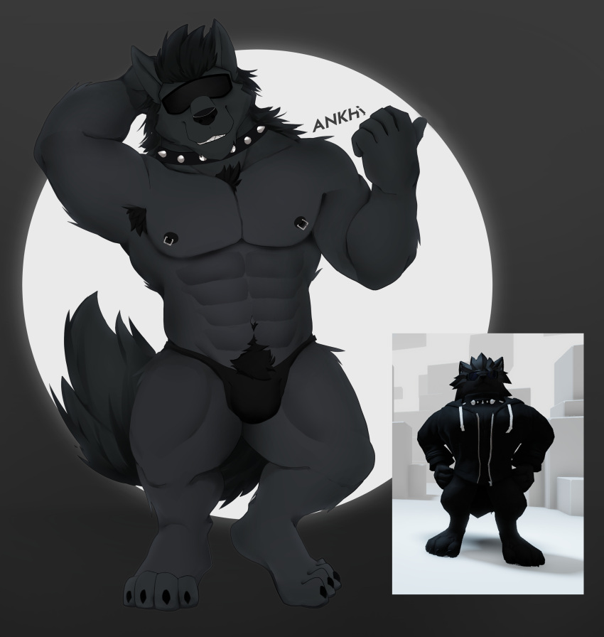 absurd_res acario_(artist) anthro bulge canid canine canis collar hi_res male mammal muscular pecs roblox solo solo_focus spiked_collar spikes wolf